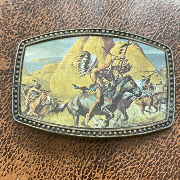Vintage Western Native AmericanThemed Metal Belt Buckle Warrior Horse Scene - Picture 1 of 3